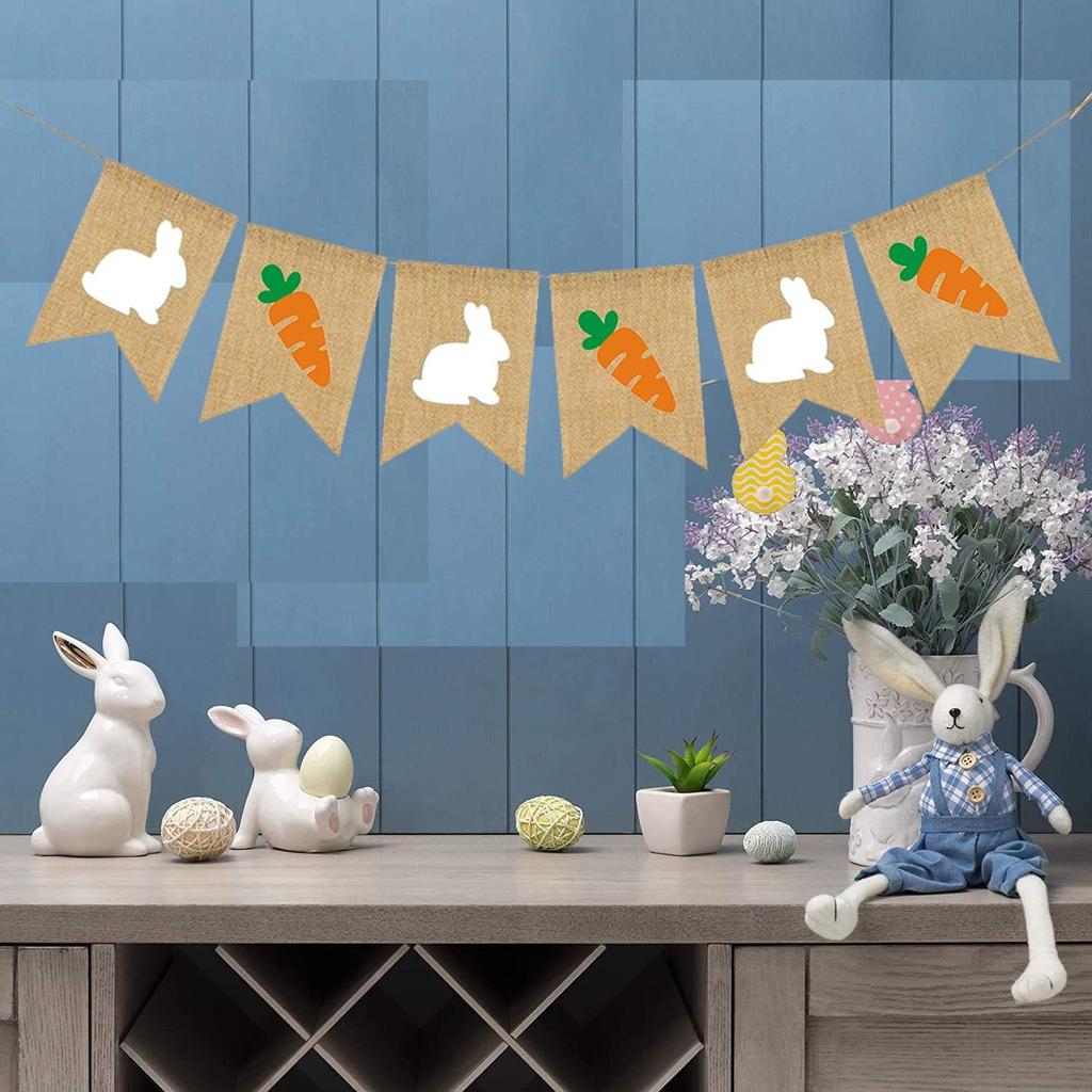 Burlap Rabbit Radish Garland Banners, Bunny Burlap for Easter Decorations Home Office School Outdoor Party Supply
