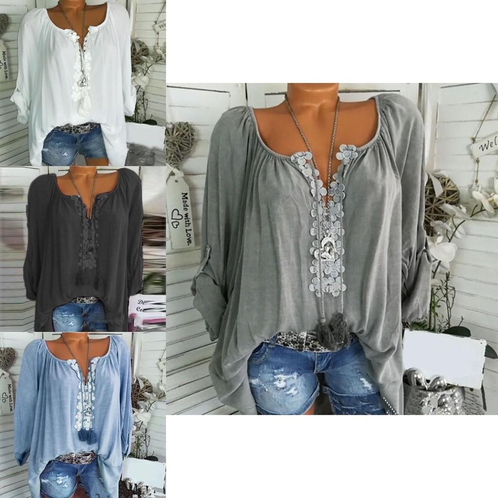 Elegant Plus Size Women Boho Long Sleeve Blouse Baggy Tops With V Neck Design