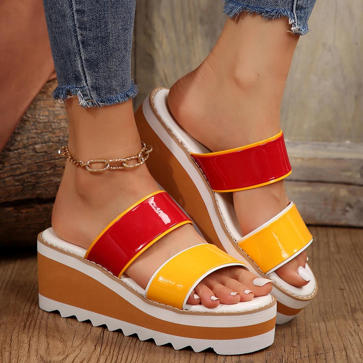 

Модная женская обувь 2024 года, горячая распродажа, женские тапочки больших размеров, модные цветные тапочки в стиле модерн, новые сандалии на танкетке с круглым носком Zapatos 43