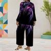 Women Plus Size Red Printed Round Neck Long Sleeve Layered Top Wide Leg Cropped Pants Two Piece Set