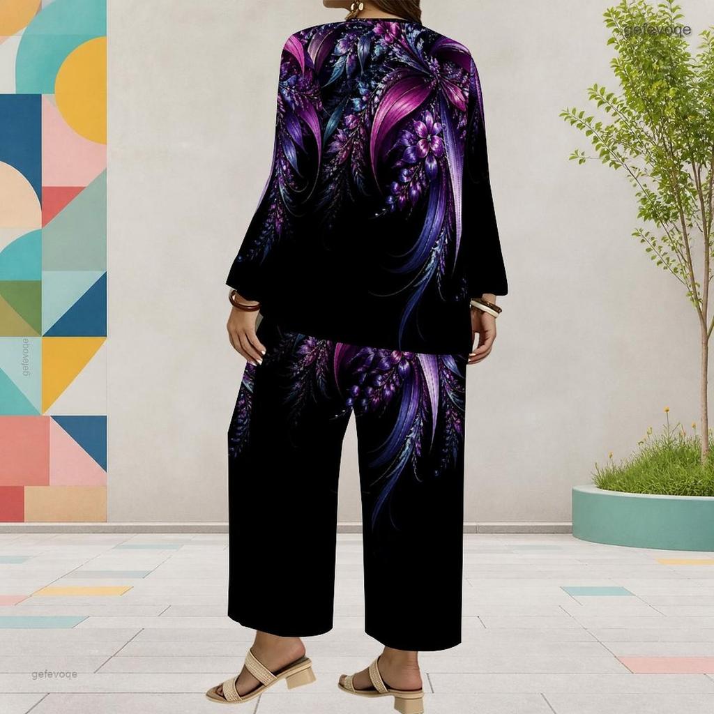 Women Plus Size Red Printed Round Neck Long Sleeve Layered Top Wide Leg Cropped Pants Two Piece Set