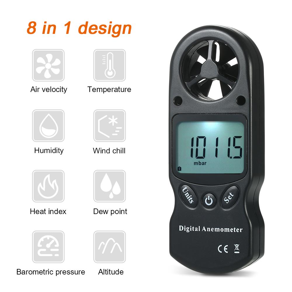 8 in 1 Handheld Digital Anemometer Wind Speed/Temperature/Humidity/Wind Chill/Heat Index/Dew Point/Barometric Pressure/Altitude