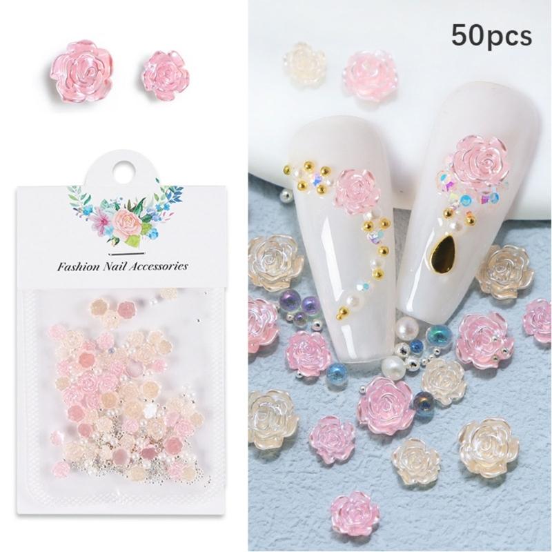 50Pcs Rose Flower Nail Art Decorations with Mini Pearls Resin Flower Nail Art Charms for DIY Acrylic Nails Bride Nail