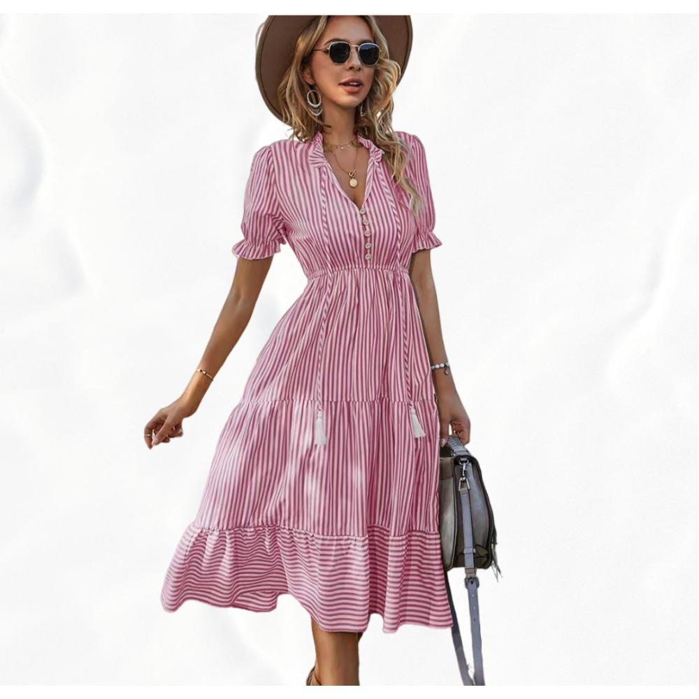 Women's striped dress, V-neck elastic waist, short-sleeved, wide-swing dress