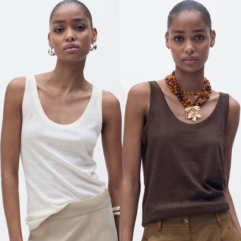 Linen French style UK Spaghetti Strap Cotton Top Cami Sexy White U Collar Thread Export Brown