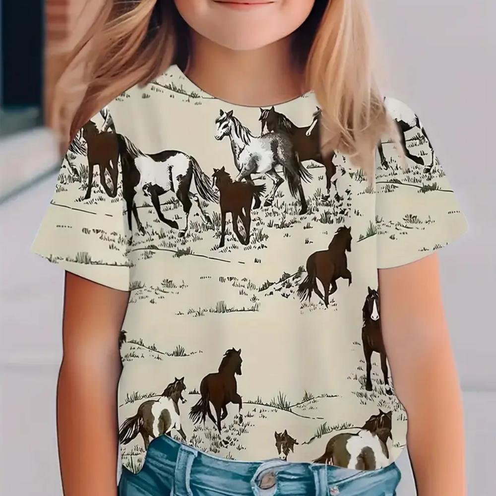 Summer Girls' Clothing Cute and Interesting Animal Horse Round Neck Short Sleeved Printed T-shirt Fashionable Streetwear Top Girls' T-shirt