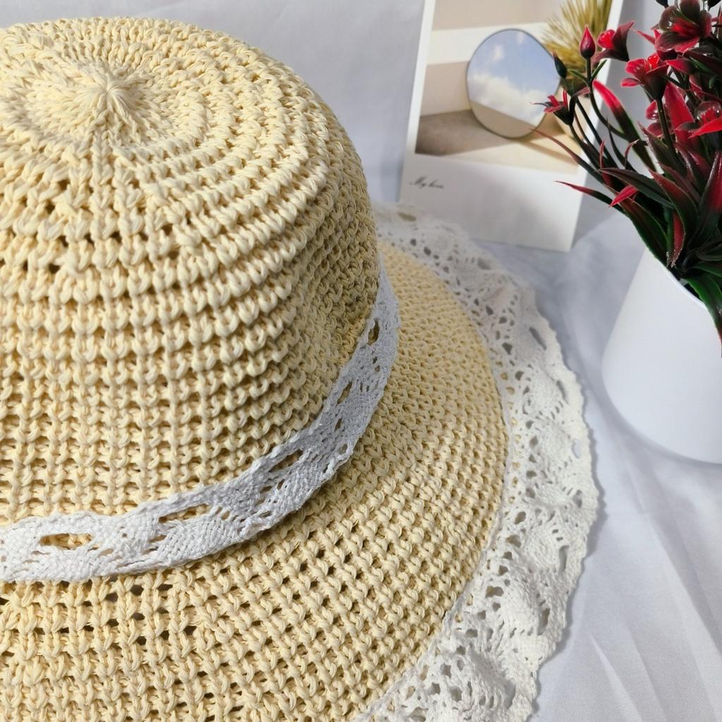 Straw hat women's summer breathable hollow sunscreen hat outdoor sun hat sun hat bucket hat small versatile lace
