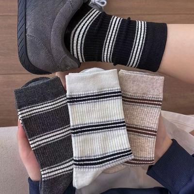 Women's Striped Simple Autumn and Winter Sporty Cotton Socks, Black and White Long Socks, Trendy, Slightly Pressed, Versatile School Mid-calf Socks