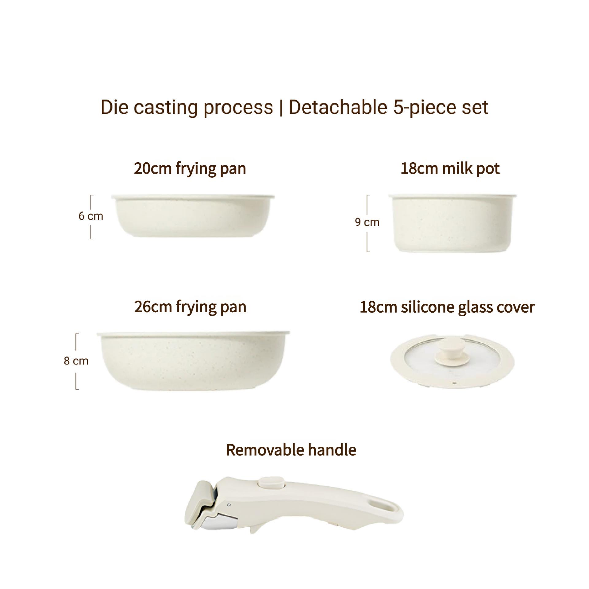 

Набір посуду зі знімною ручкою Гранітне покриття Антипригарні каструлі Молочник Сковорода Сотейник Компактний кухонний набір Штабельоване зберігання Індукційна плита Каструля 5pcs