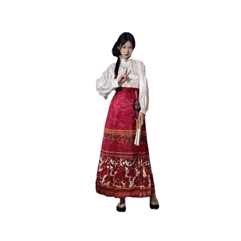 Ming Dynasty Inspired Hanfu Style Stand Collar Blouse With Jacquard Wrap Skirt Women Winter Daily Wear