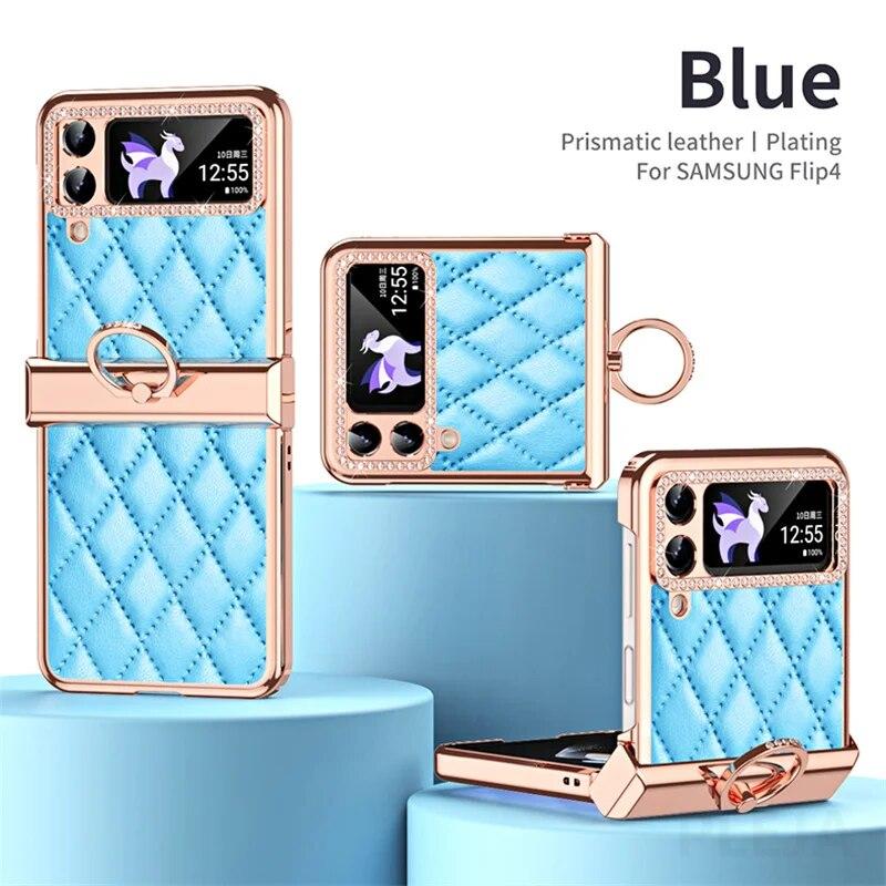 Ring Holder Hinge Protection Leather Case for Samsung Galaxy Z Flip 5 4 3 5G Small Fragrant Wind Shockproof Cover