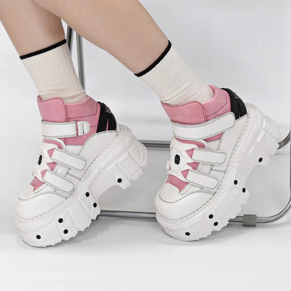 Fashion Gothic Ankle Rock Boots Woman Sneakers New Punk Style Women Shoes Lace-up Heel Height Platform Shoes Woman Metal Decor