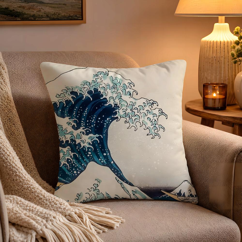 Japanese Waves Anime Cushion Cover Soft Plush Cushion Cover Double Print And Invisible Zipper For Sofa Home Car Use