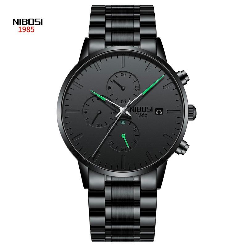 NIBOSI Men's Watch Black Fashion Simple Style Precision Travel Time Multi-functional Waterproof Luminous Quartz Watch