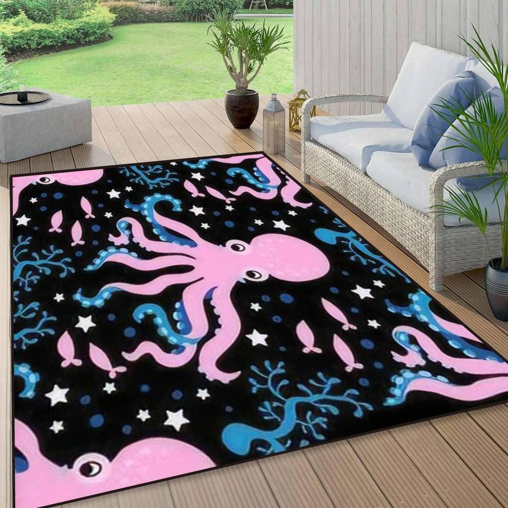 Sea Octopus Underwater World Watercolor Octopus Print Large Rug Modern Art Ocean Animals Decor Floor Mat Non-Slip Indoor Carpet