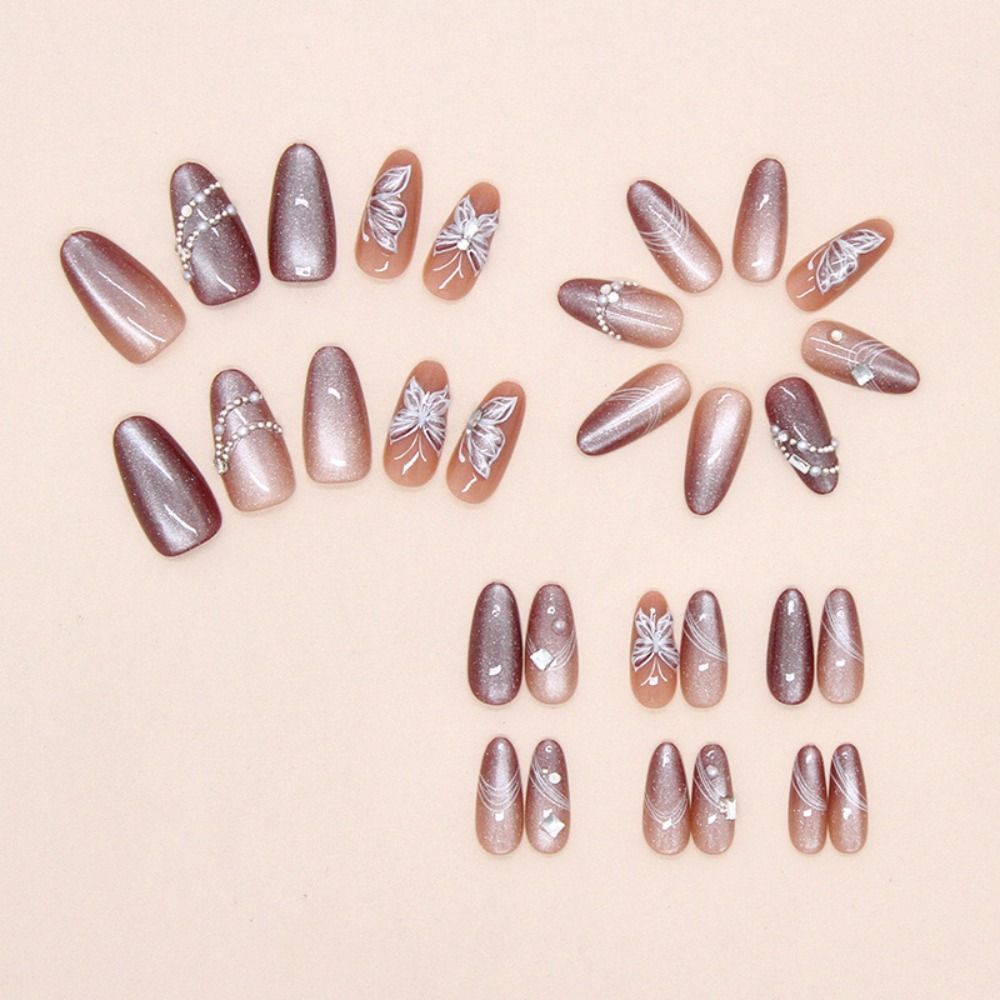 30pcs French False Nails Cat Eye Gradient Butterfly Line Press On Nails Manicure Nail Tips Women