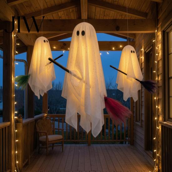 Decorative Ghost for Trees 3 Pcs Halloween Decorations, Spooky Hanging with Broom, Outdoor Seasonal Party Supplies Large Flying White Tree Porch Yard