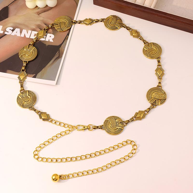 European and American Ancient Gold Blackened Western InS-style Metal Women's Waist Chain with Retro Carvings