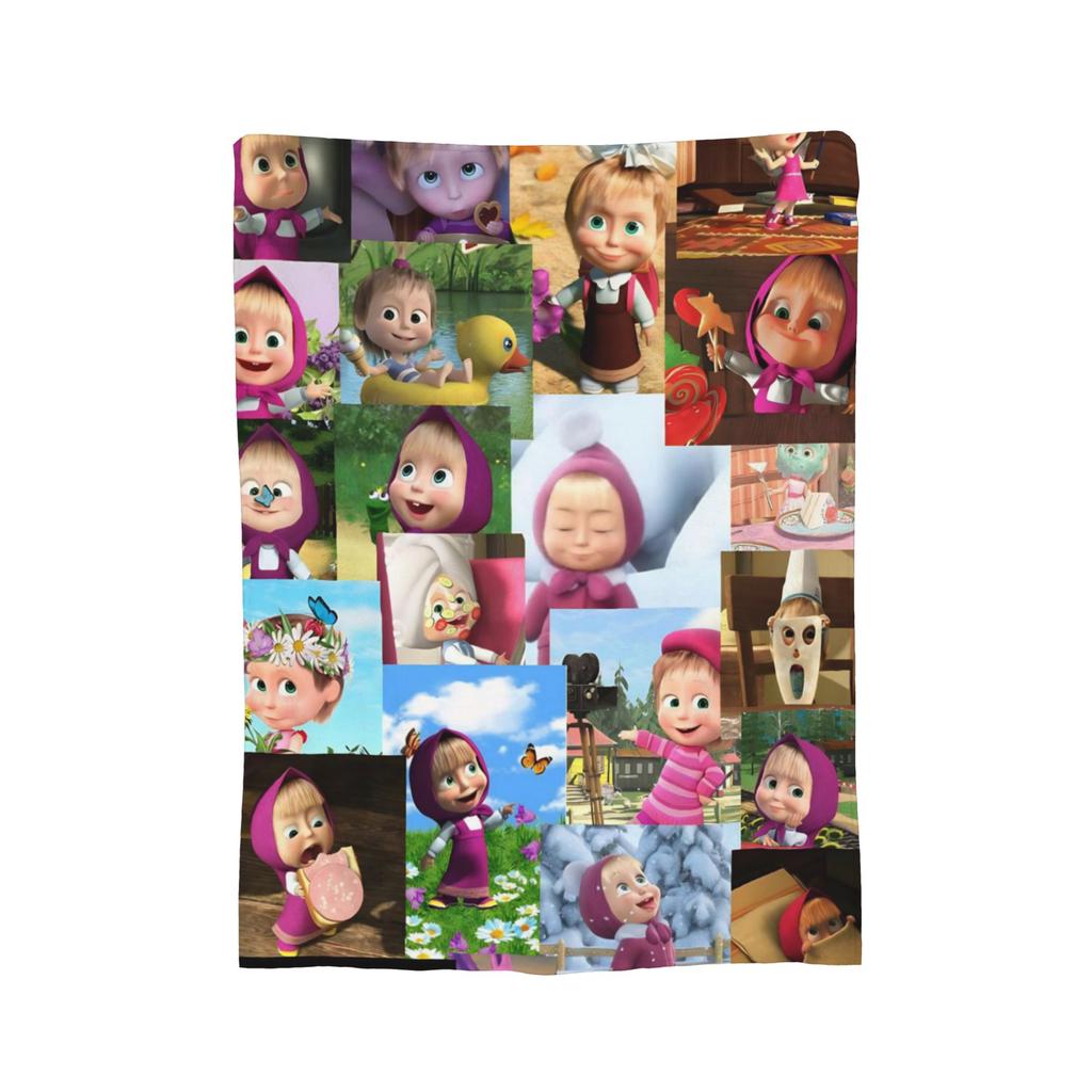 Cute Cartoon M Masha and Bear Blanket Coral Fleece Plush Summer Multi function Soft Throw Blanket for Sofa Travel Bedspread