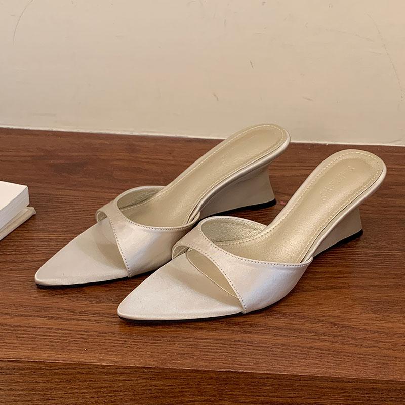 Fashion Fashion Pointed Toe Women Wedges Heeled Sandals Slides Footwear Shallow Ladies Heeled Wedges Sandals Slippers Shoes Female Pumps