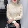 Elegant Velvet-Lined Lace Half-High Collar Shirt for Women - Autumn/Winter Collection