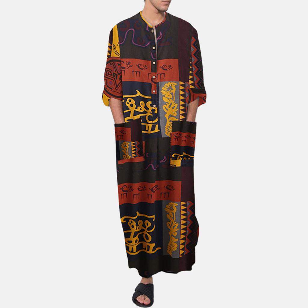 Men's Saudi Arabic Long Sleeve Robe Ramadan Muslim Dress Middle  Islamic Clothing