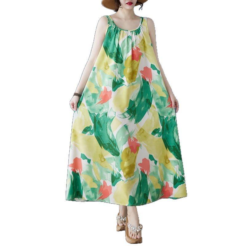 2025 summer new large size Korean version loose chiffon printing round neck sleeveless medium and long dress