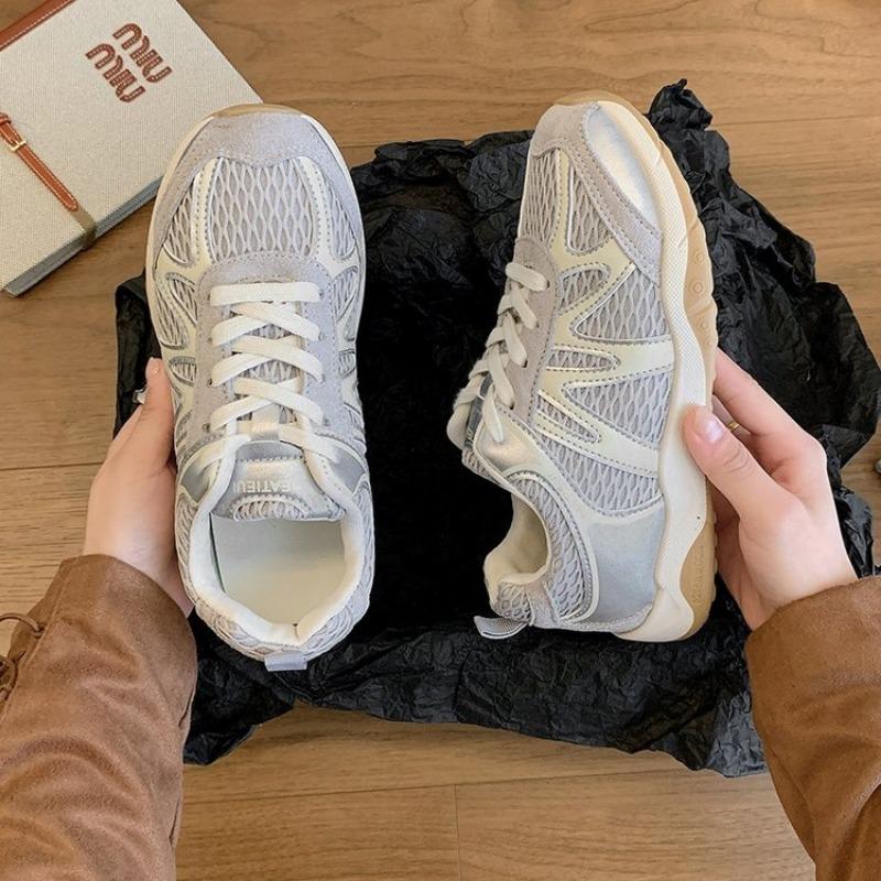Retro silver platform sneakers women's autumn new breathable mesh casual dad shoes trend