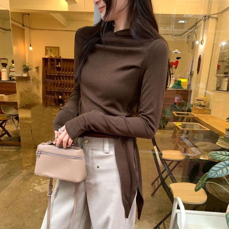 

Korean Chic Tie-Up Hooded Long-Sleeve T-Shirt - Autumn/Winter 2026 New Style Extra Large кавовий