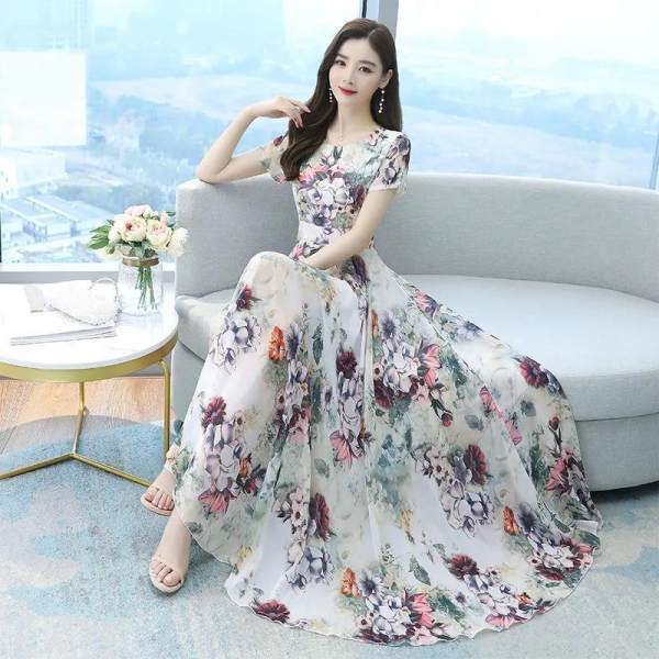 Women's Round Neck Short Sleeve Maxi Dress Slim Fit High Waist Elegant Floral Print A-Line Dress