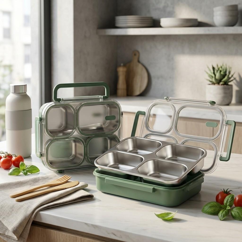 3/4 Grids 304 Stainless Steel Lunch Box Portable Large Capacity Leak Proof Divided Bento Box for Students Adult Microwave Safe
