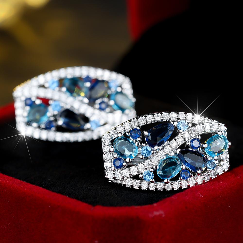 Colorful White Blue Zircon Clip Earrings for Women Silver Color Wedding Party Jewelry Gifts