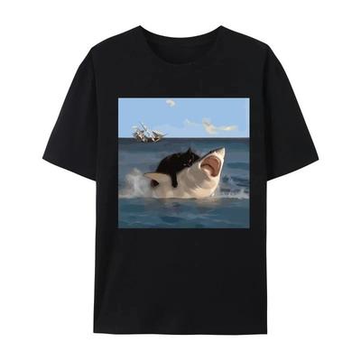 Cat Bites Shark Fun Art and Cat Lovers Fun Cat and Shark Print Tops Shirts Plain Tops Hip Hop T-shirts Women Clothing Fashion