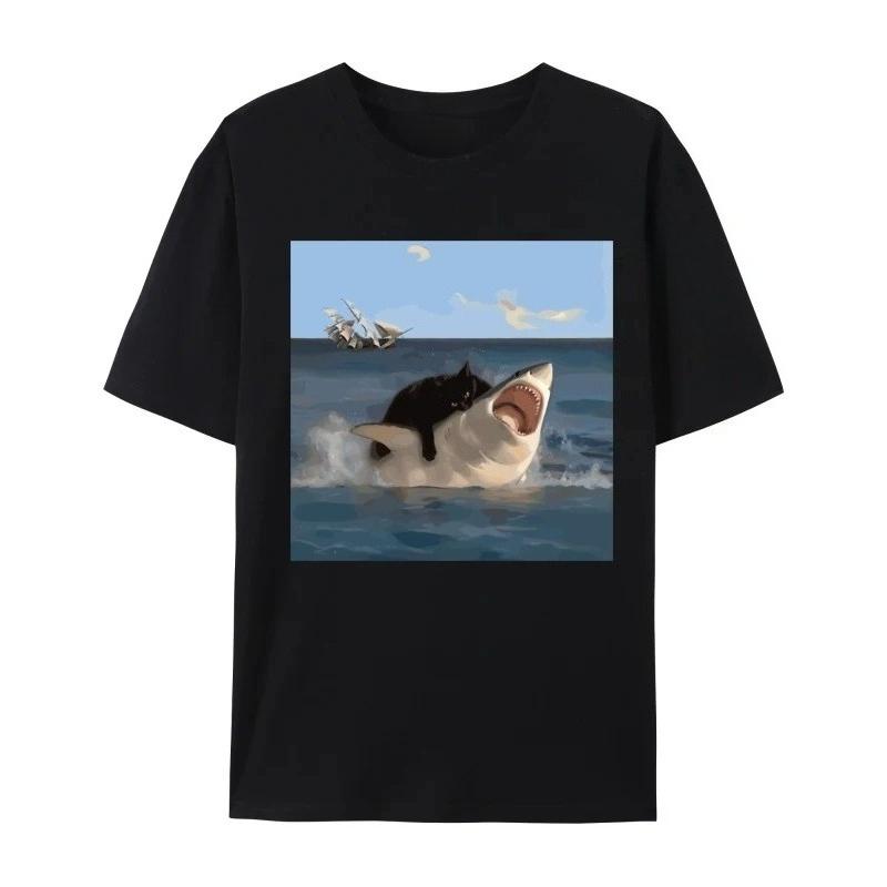 Cat Bites Shark Fun Art and Cat Lovers Fun Cat and Shark Print Tops Shirts Plain Tops Hip Hop T-shirts Women Clothing Fashion