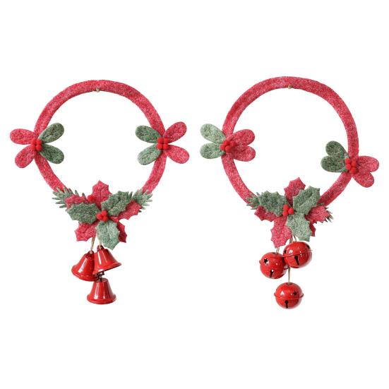 Christmas Window Decoration Non-woven Fabric Bell Wreath, Holly Berry Wreath with Mini Xmas Tree Bells, Hanging for Front Door Wall