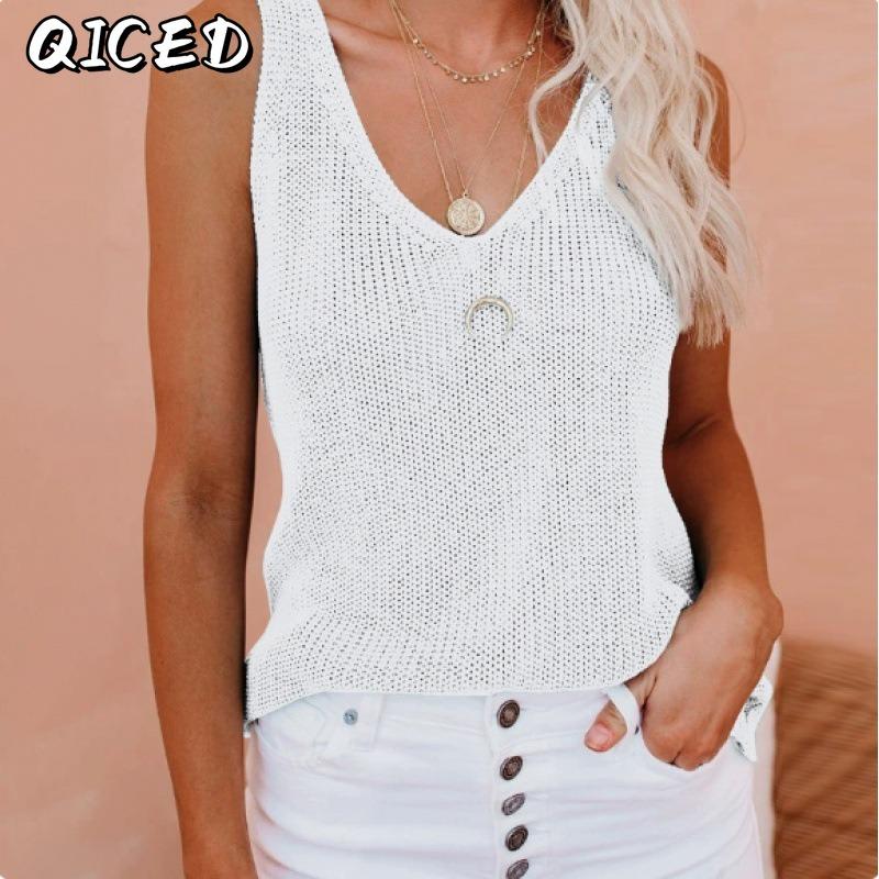 QICED Damenmode, lässig, einfarbig, ärmellos, V-Ausschnitt, Blusen und Hemden