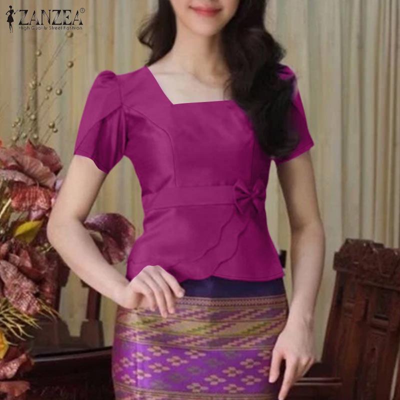 ZANZEA Women Square Collar Summer Short Sleeve Satin Blouse