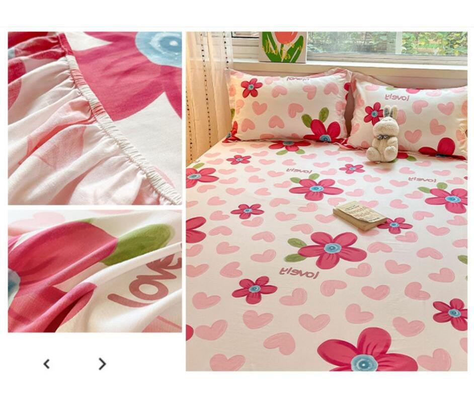 Elastic Bed Fitted Sheet +2pc Pillowcases 100% Cotton Flower Print Cartoon Adults Kids Twin Full Queen King Cal-King Size B82C