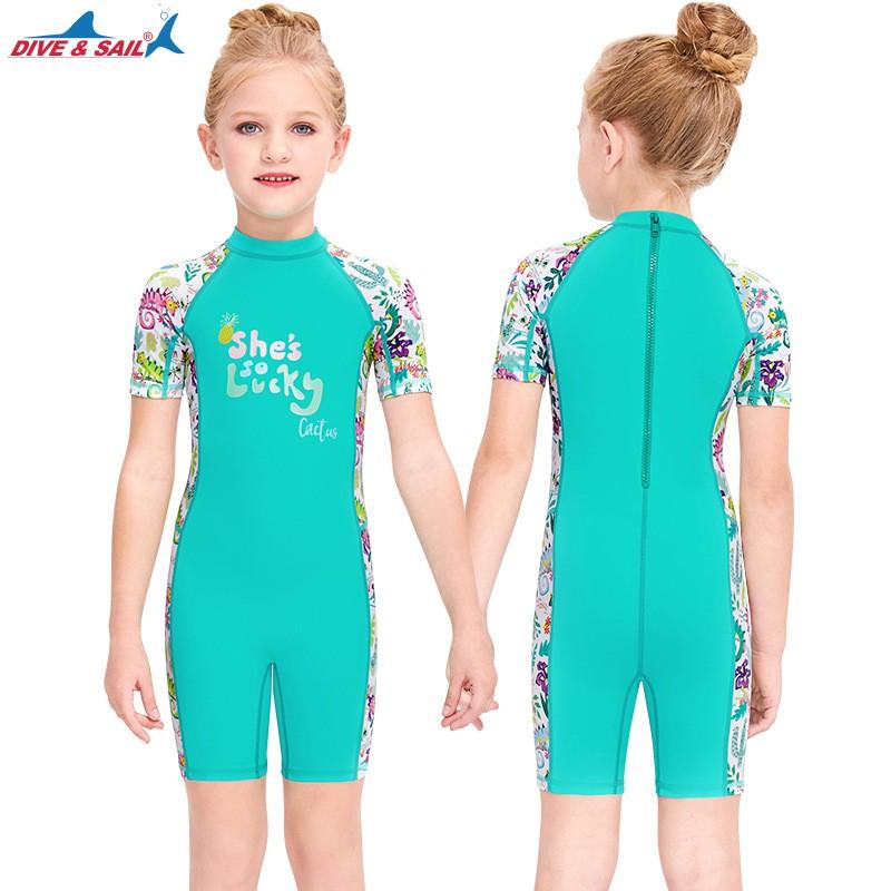 Children's Swimsuit Girl Middle Small Children One-piece Short-sleeved Box-suit Baby Sunscreen Quick-drying Hot
