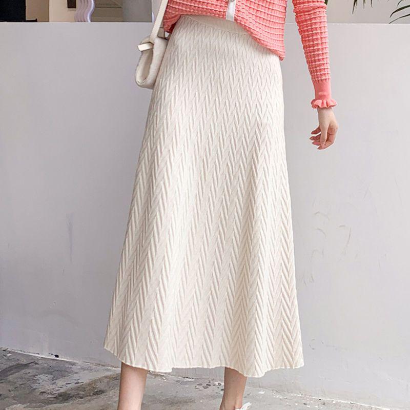 French Elegant A-Line Women's Autumn Winter Korean-Style Solid Color High Waist Knitted Midi Skirt Flared Umbrella Skirt