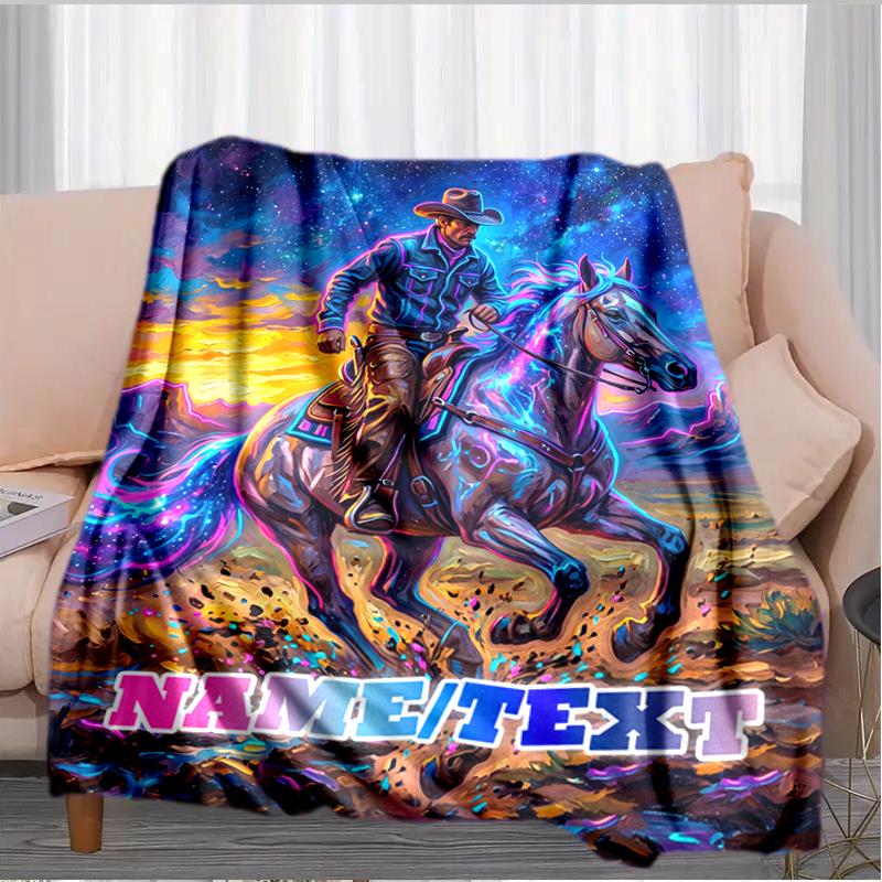 1PC Custom Name Cowboy Horse Sunset Flannel Blanket Versatile,all-season Throw Suitable for the Living Room,bedroom,camping,travel,and Gift