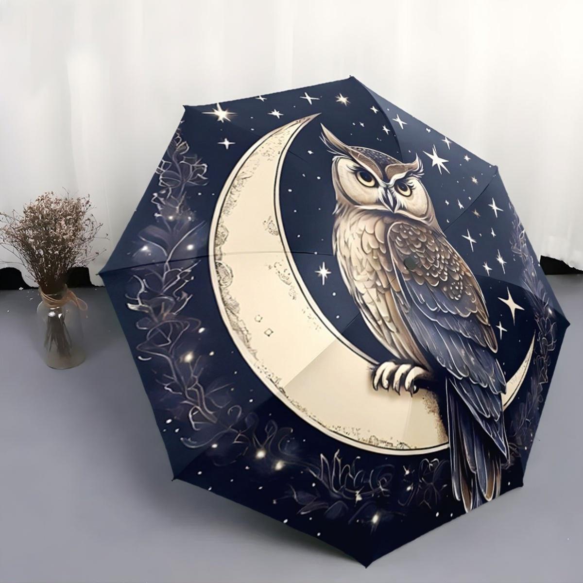 

Starry Night Owl & Crescent Moon Folding Umbrella - Automatic Open/Close, 8-Rib Durable Design, Compact Portable for All-Weath (as the picture,Iron&8K)