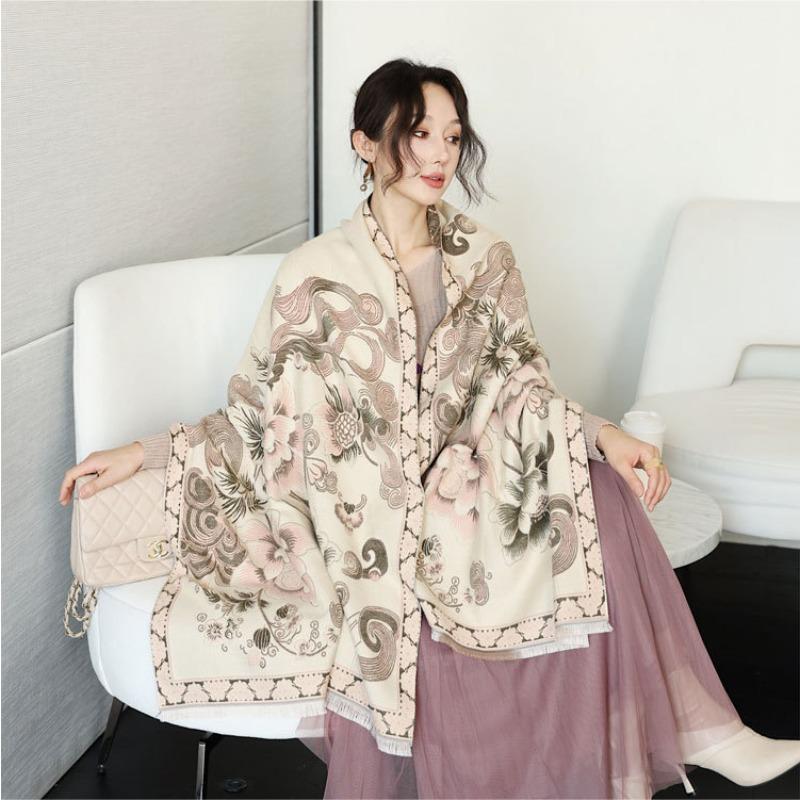 Scarf Women's Autumn and Winter New Double-sided Jacquard Scarf Versatile Auspicious Lotus Imitation Cashmere Shawl Thickened Warm Scarf