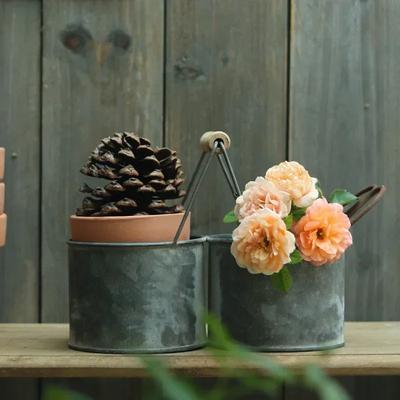Handle Iron Bucket Double Vases Metal Classical Grey Make Old Garden Countryside Decorate Planting Flower Pots Ornament