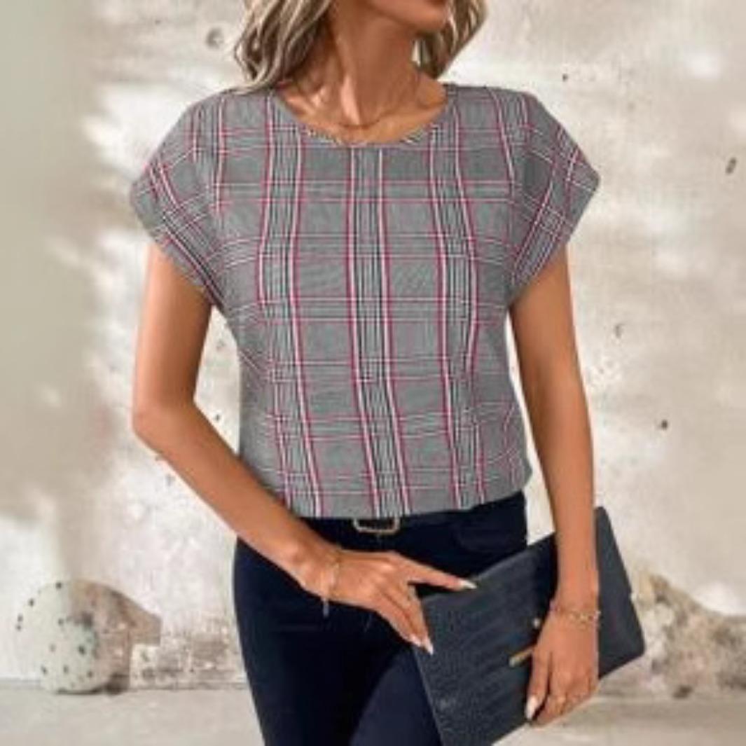 

Summer Round Neck 3D Plaid Pattern Print Top Fashionable Casual Short Sleeved Women s T-shirts S