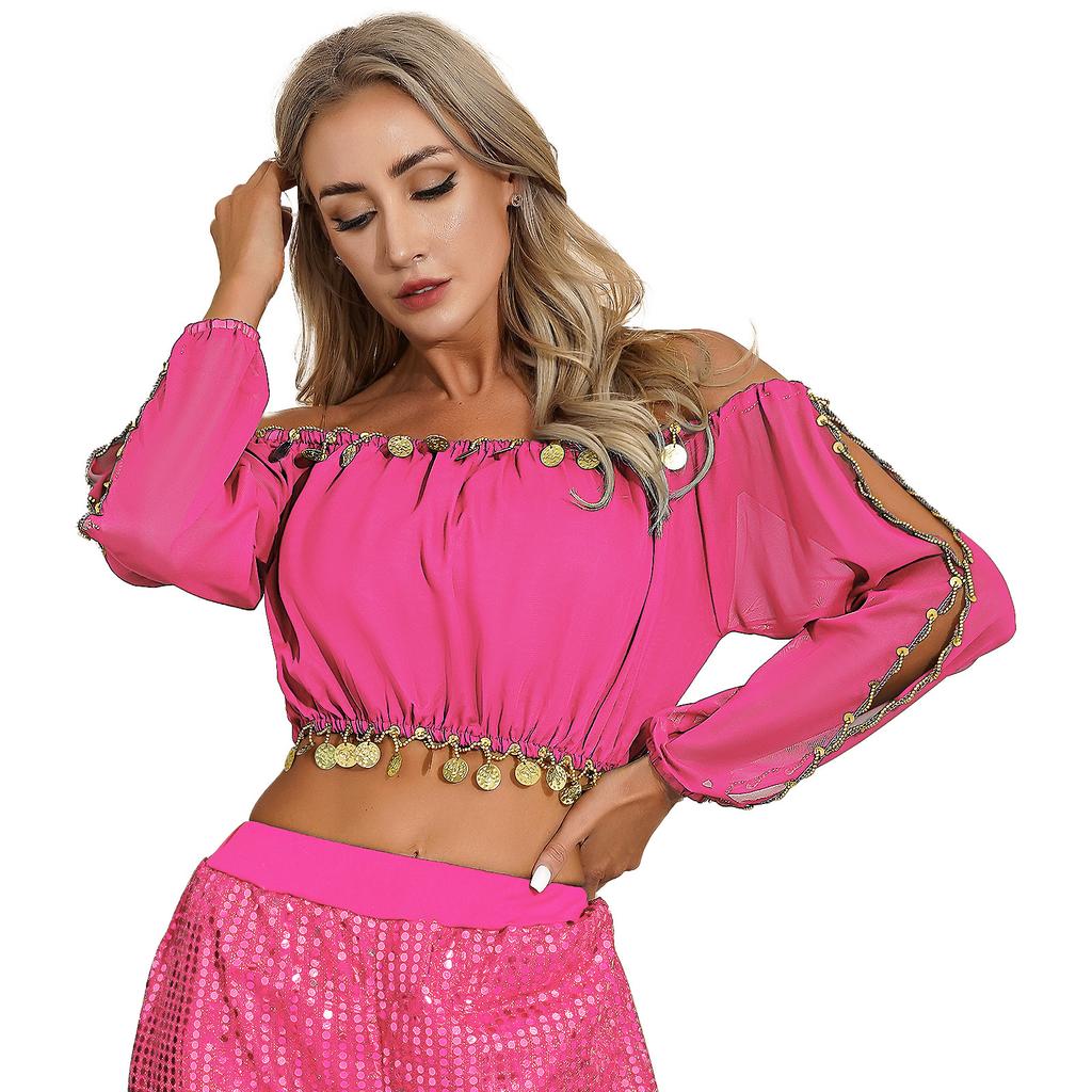 Womens Sequined Beaded Belly Dance Crop Top Long Puff Sleeve Split Halloween Party Costume