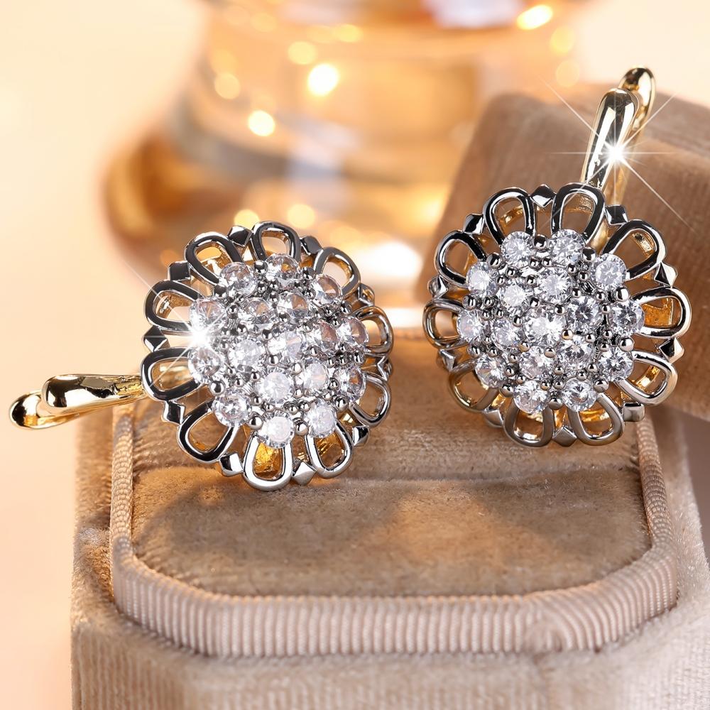 Vintage White Zircon Hollowed-out Sunflower Earrings for Women Gold Color Luxury Fashion Party Jewelry