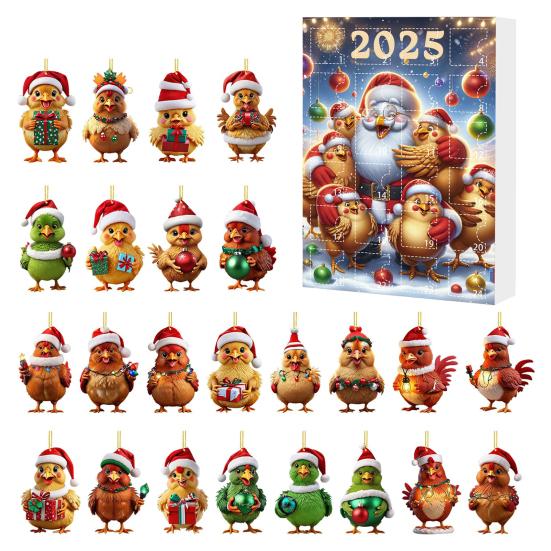 2025 Christmas Advent Calendar Chicken Ornaments 24 Days Countdown Calendar Christmas Tree Decoration 2D Acrylic Collectible Cartoon Chicken Set