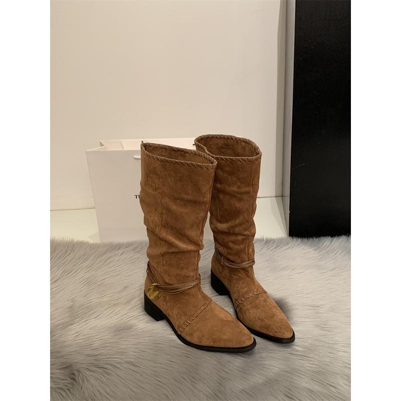Heel Pointed Pleated Straps Stacking Boots 2025 New Retro Suede Flanged Metal Buckle Strap Boots High Boots