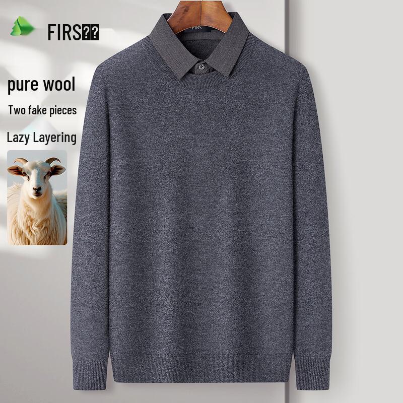 

FIRS Men s 100% Merino Wool Faux Two-Piece Round Neck Sweater M